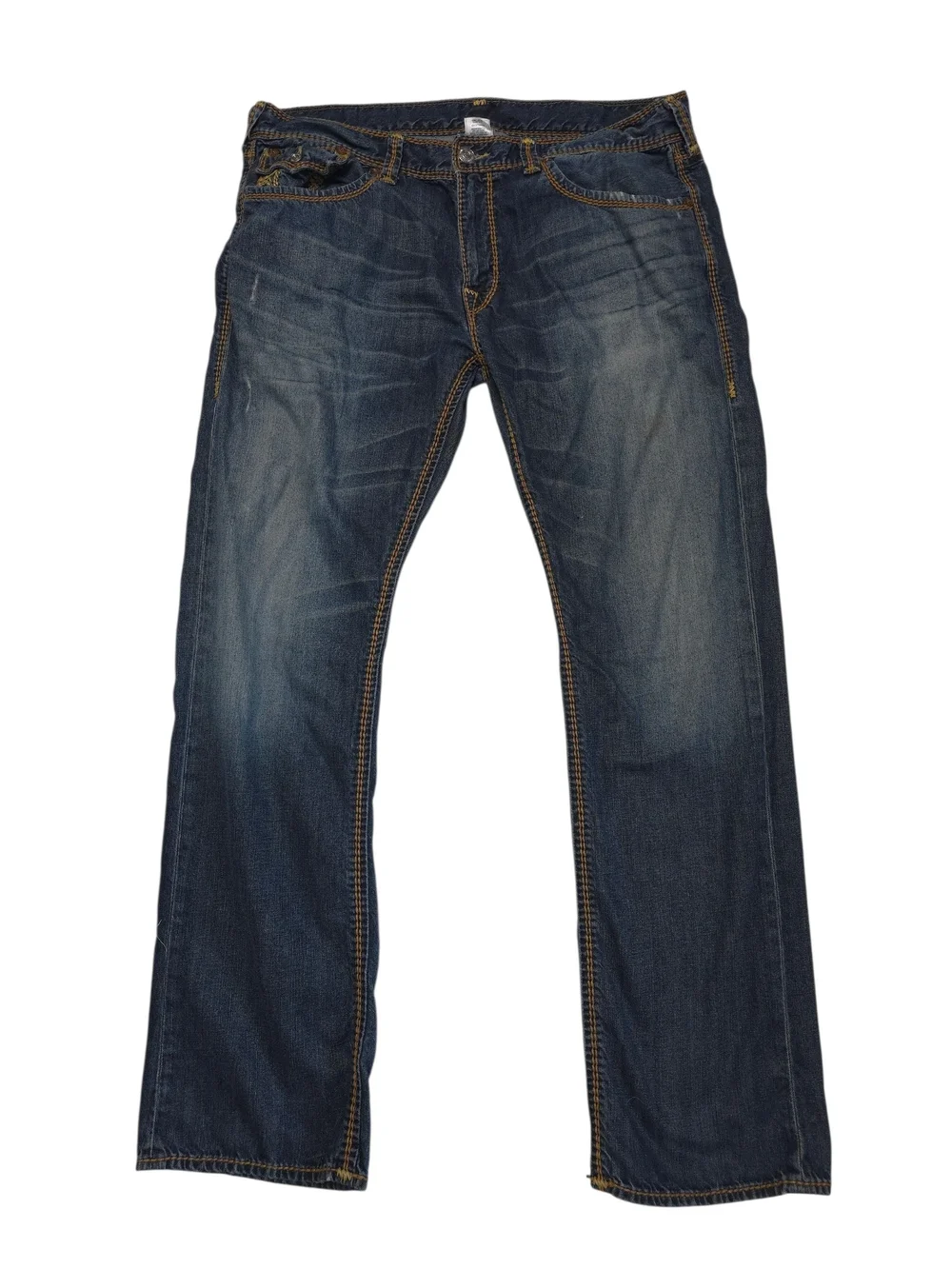 True Religion Men’s Indigo Straight Jeans with Gold Contrast Stitching